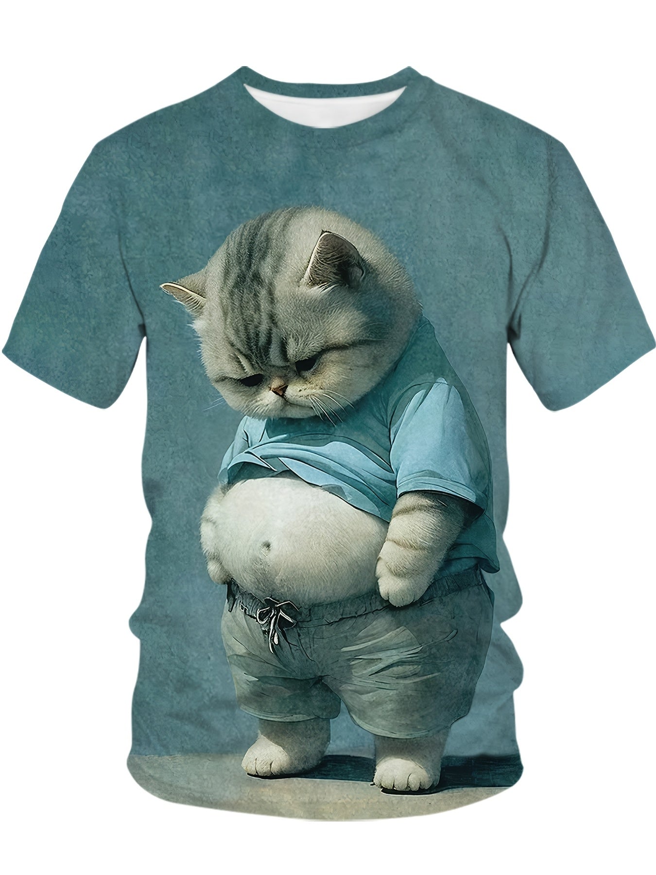 Casual round neck T-shirt with chubby cat print, made with knitted polyester fabric. Comfortable stretch and short sleeves make it suitable for business, outdoor activities, parties, or as