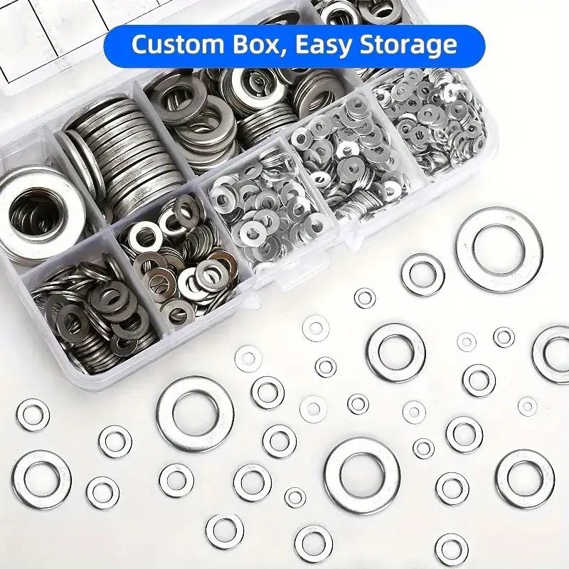 180-piece Stainless Steel Flat Washer Set (M2-M10) for various uses like screws, bolts, mud flaps in home decor, factory repair, kitchens, shops.