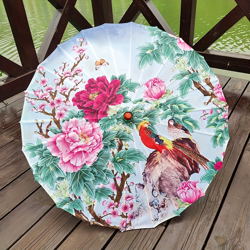 Chinese Flowers Parasol Umbrella with Cherry Blossom Sakura Floral Bamboo Handle for Sun and Rain Protection, Ideal for Weddings and Parties.