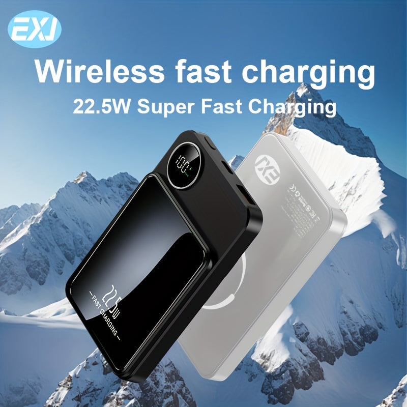 EXJ PD 22.5W Power Bank, 10000mAh Magnetic Wireless Charger with USB-C, Type Cable, LED Display, Mag-Safe Battery Pack for iPhone 12-16 Series