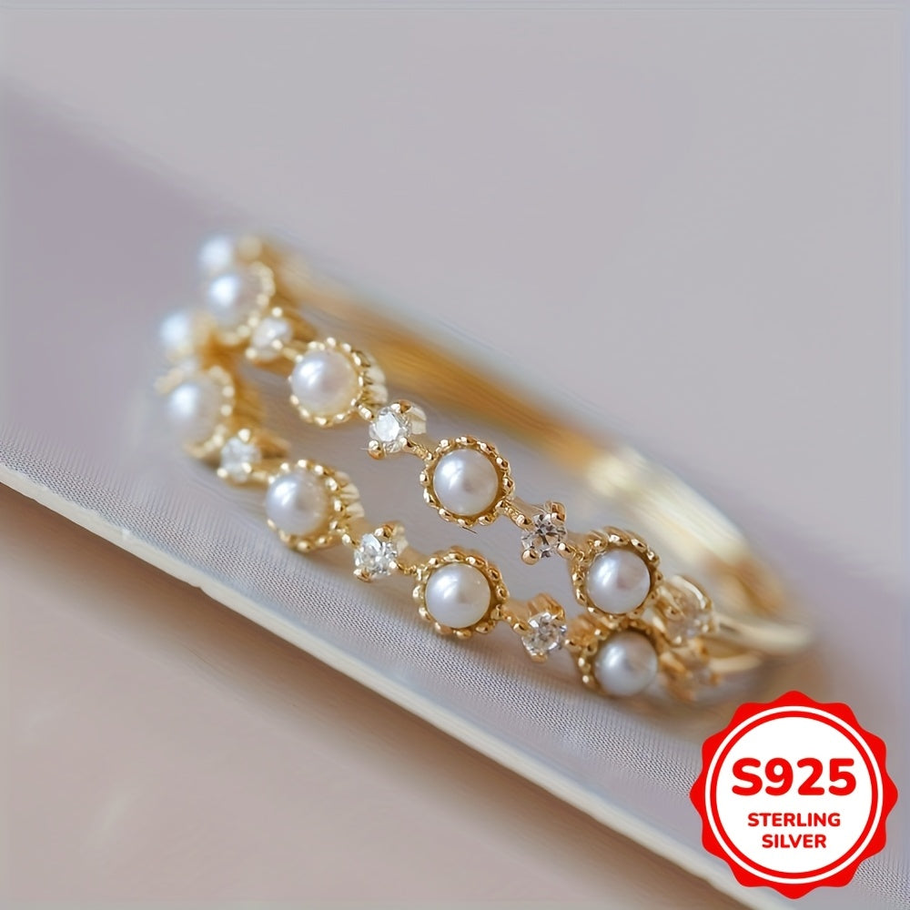 Elegant Gift for Women: 1.6G S925 Sterling Silver Minimalist Ring with Natural Pearl and Small Zirconia on a Gold-Plated Band, Perfect for Valentine's Day or Birthday Party