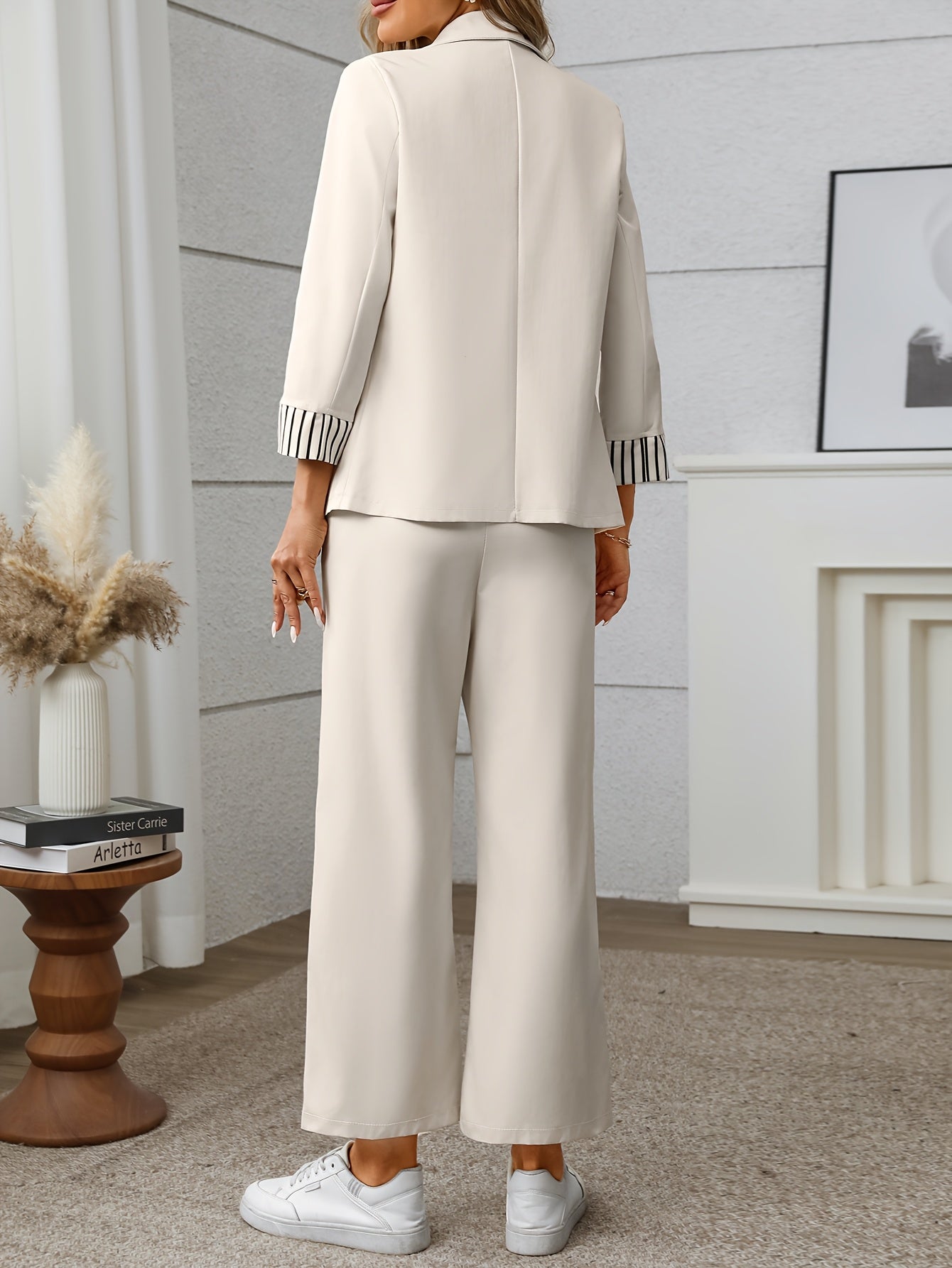 Women's Polyester Suit Set with Pants and Jacket, Solid Color, Lapel Collar, Spring/Fall Outfit