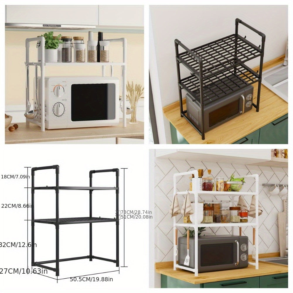 Durable metal kitchen microwave stand with two tiers - easily adjustable and expandable for microwave, oven, and other appliances - no wood, hassle-free cleaning.