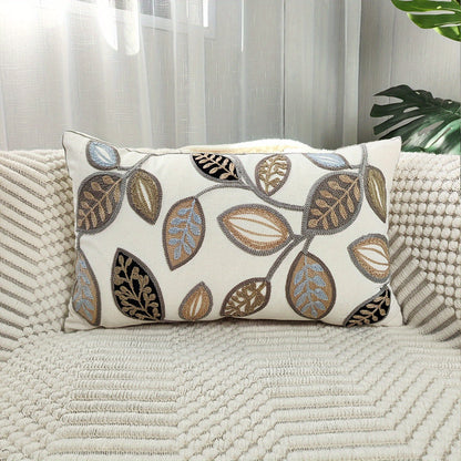 Leaf embroidered canvas throw pillow cover with zipper, machine washable, for modern living room and bedroom decor.