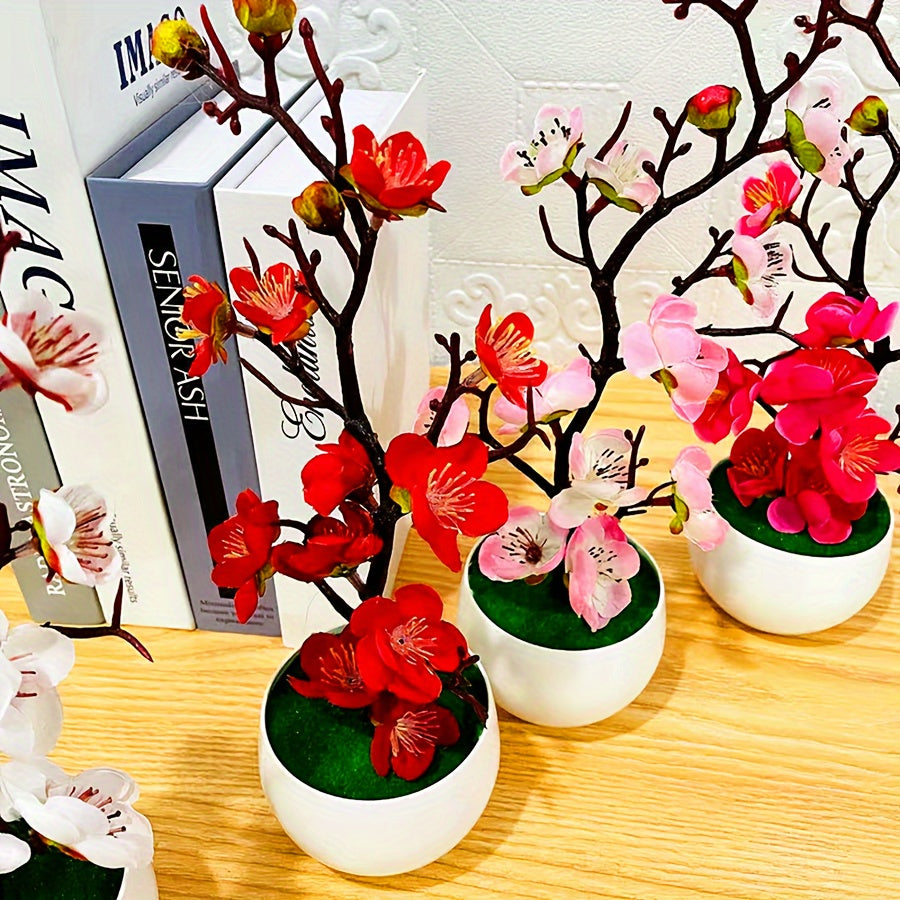 Artificial plum blossom bonsai for home or office decor, lifelike potted fake flower plant.