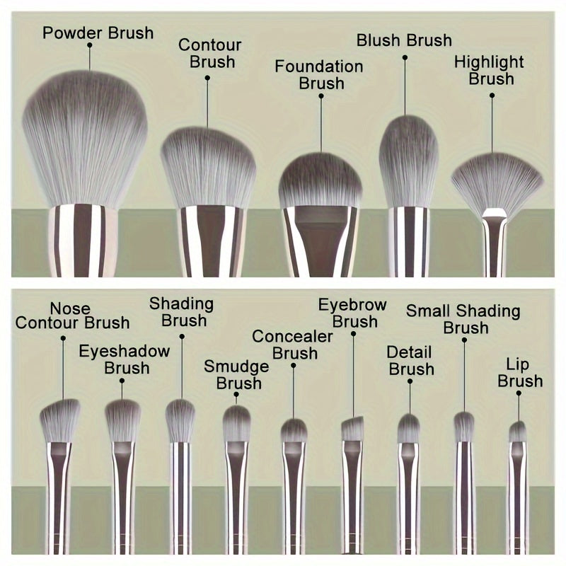 14-piece professional makeup brush set with soft and fluffy silvery/green synthetic hair, ideal for foundation, eyeshadow, eyebrow, and eyeliner application.