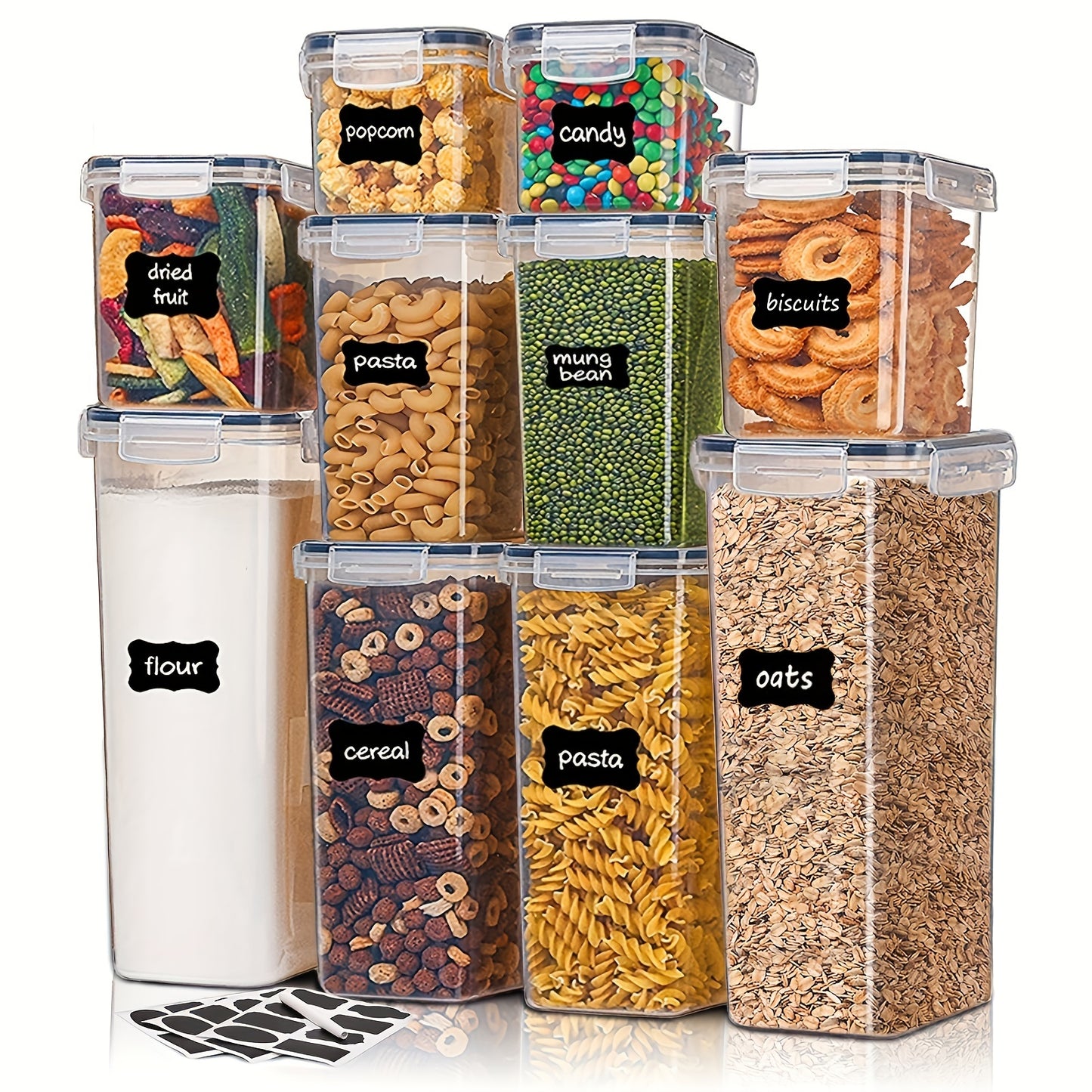 Essential for RVs - 10 Airtight Food Storage Containers with Lids, BPA Free, Dishwasher Safe, Ideal for Sugar, Flour, Baking Supplies. Transparent Plastic with White Labels.