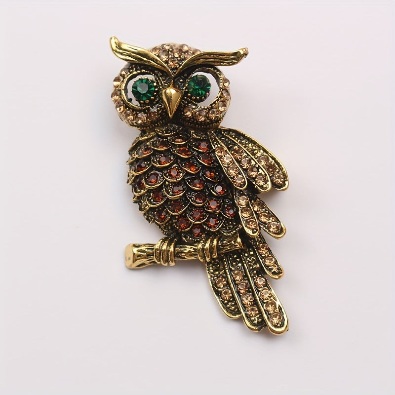 Vintage-Inspired Rhinestone Owl Brooch Pin - Edgy Punk Style Animal-Shaped Jewelry Accessory to Embellish Clothing