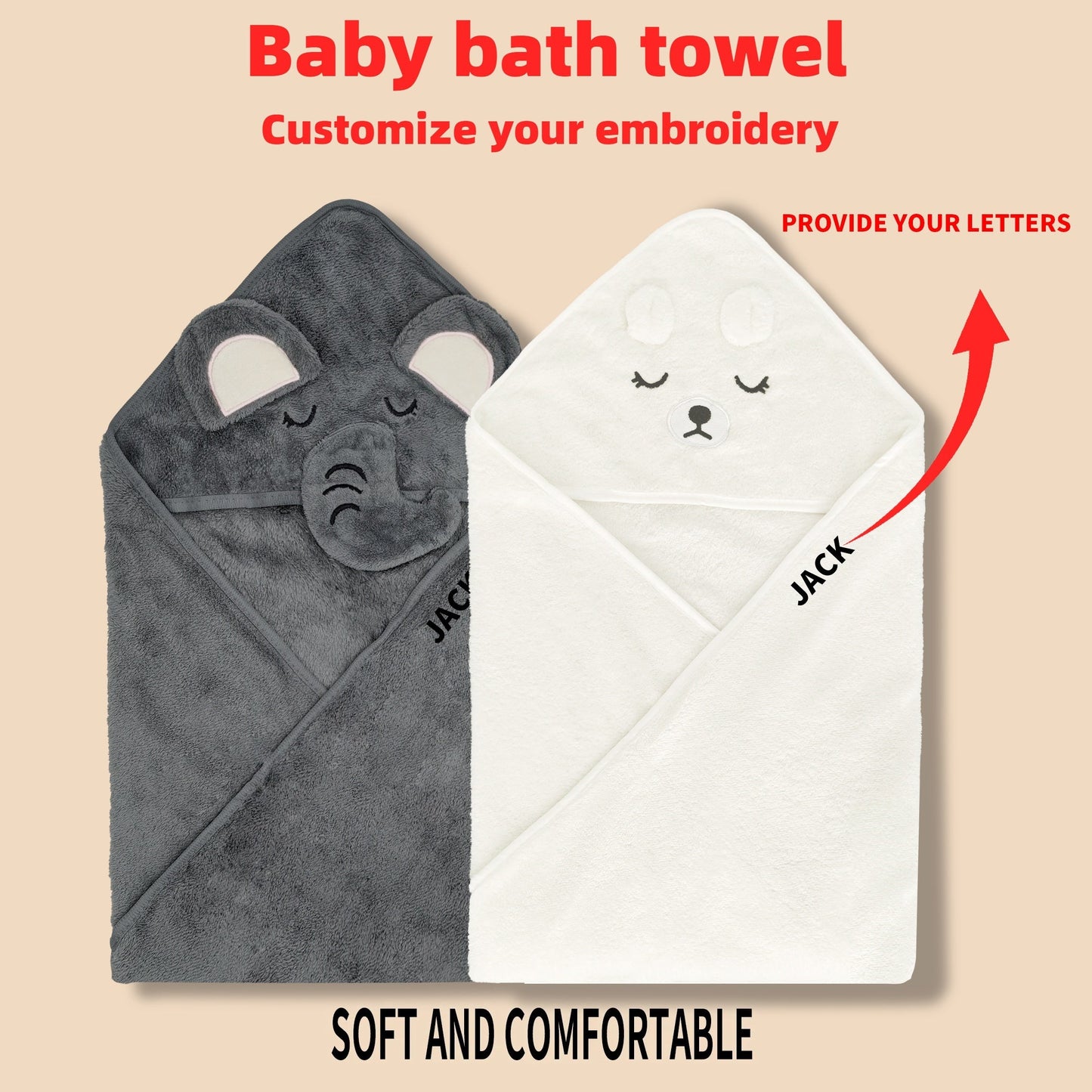 Customize your kids' bath time with these 2 adorable cartoon animal towels. Made from soft and absorbent polyester knit fabric, these towels can be personalized with your child's name. Perfect for Christmas and Halloween gifts, these towels come in a