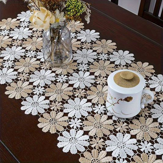 Elegant dual-tone sunflower lace table runner made of woven polyester for dining room décor.