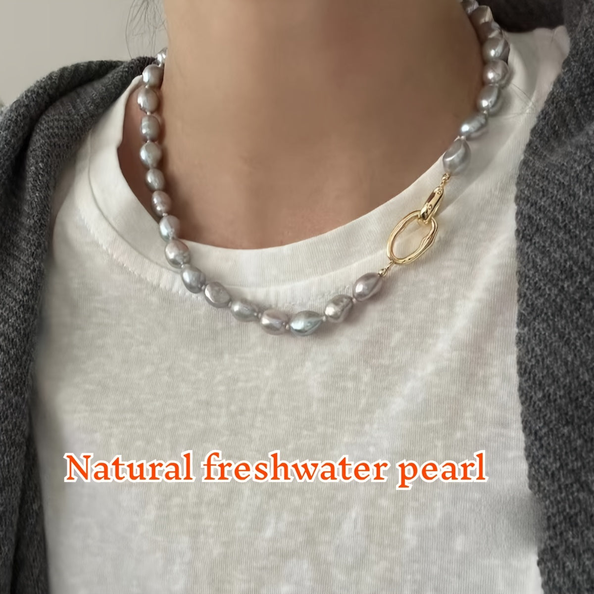 Beautiful French-inspired freshwater pearl necklace featuring distinctive gray baroque pearls, perfect for adding a touch of elegance to any outfit. Whether paired with casual attire or worn for a special occasion, this necklace is versatile and chic