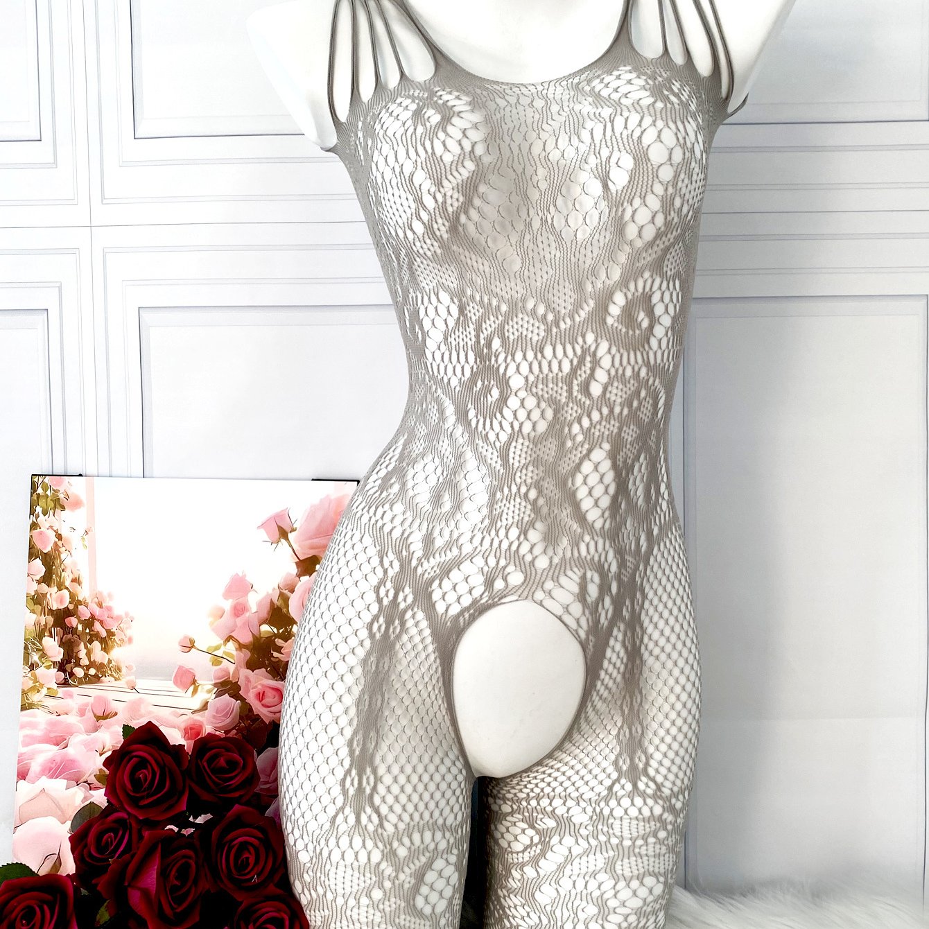 Sexy fishnet and jacquard bodystocking for intimate occasions like Valentine's Day or wedding nights.