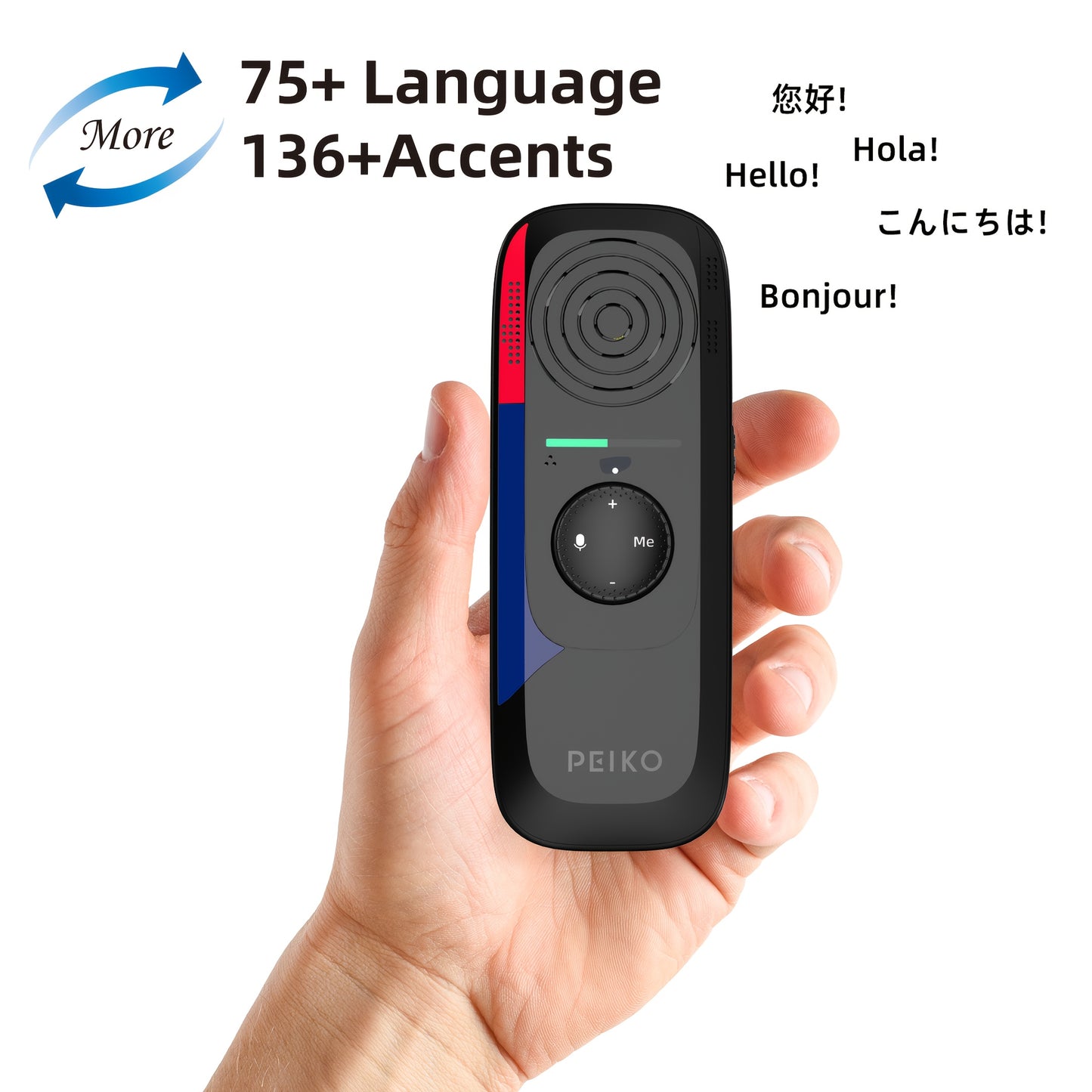 Peiko TR-BOX01 Portable Language Translator Device offers 75+ languages, high accuracy, two-way instant voice translation, and wireless connectivity. It includes 136 accents for travel