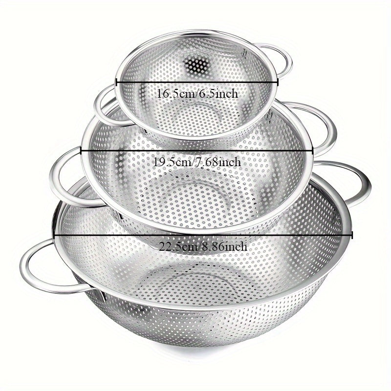 Set of 3 Stainless Steel Strainers, Microporous Metal Colanders with Handles, Durable Kitchen Bowls for Draining Pasta, Vegetables, and Fruits - Food Safe, Dishwasher Safe, Includes 1-3-5 Quart Sizes