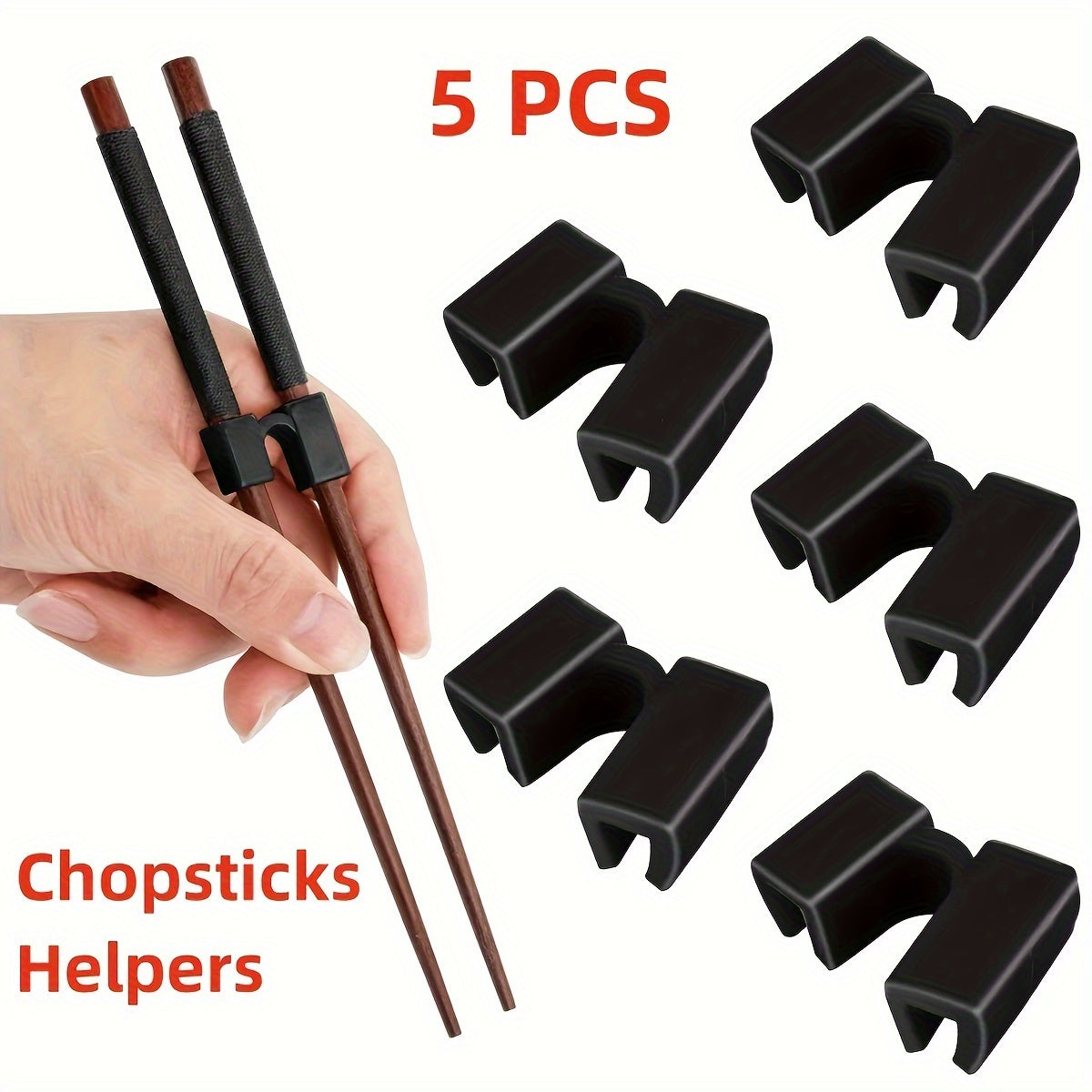 5 reusable chopstick helpers for training, featuring hinges to connect and assist in using Chinese chopsticks.