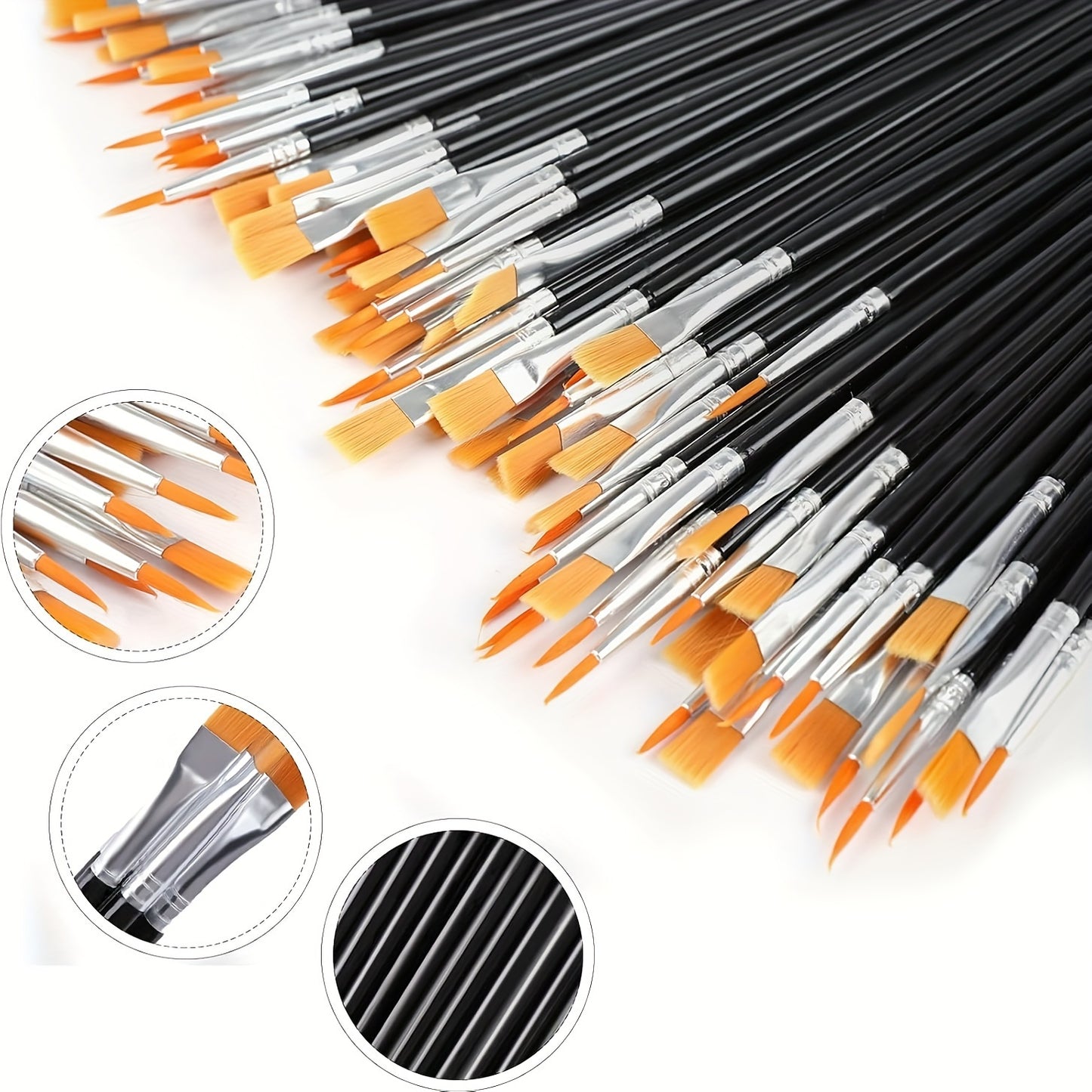 50 nylon hair paintbrushes with flat and round pointed brushes, ideal for oil painting, watercolor, and facial art, perfect for artists and hobbyists.