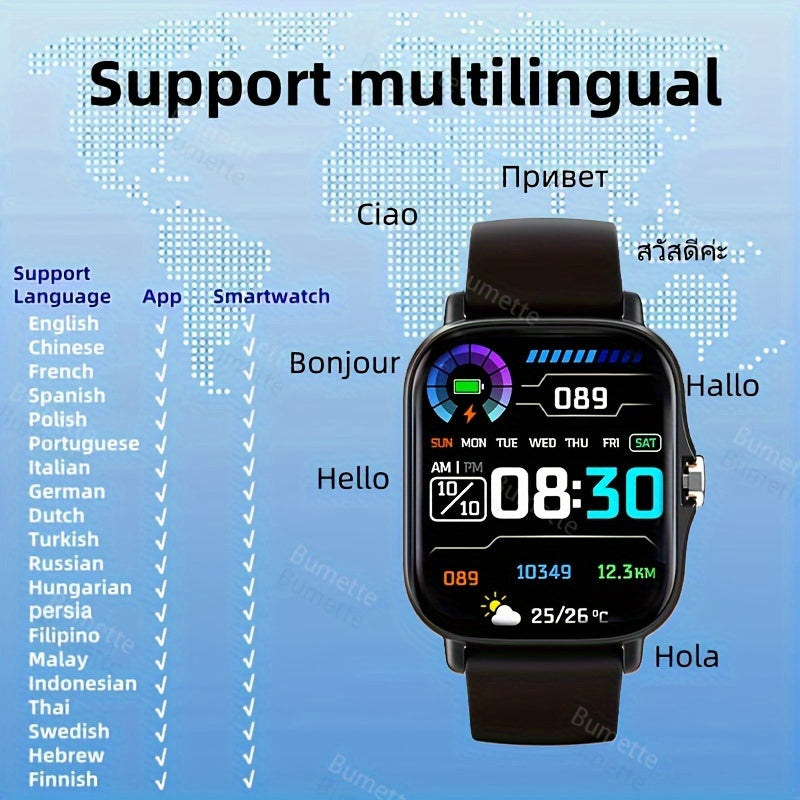 Wireless smartwatch with sports modes, call reminders, message notifications, app alerts, customizable wallpaper, and compatibility with iPhone and Android.