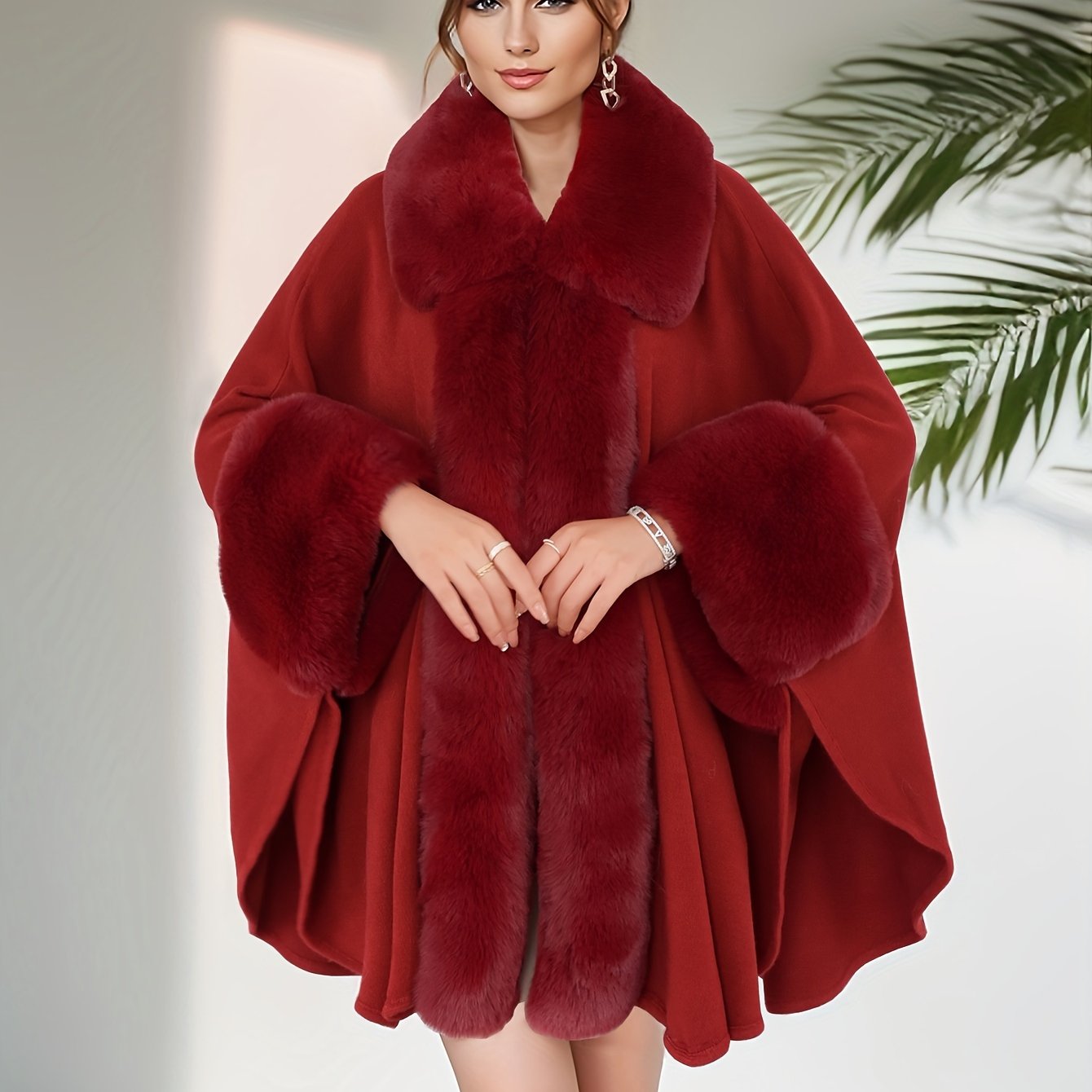 Women's Plus Size Fuzzy Trim Open Front Coat with Casual Collared Long Sleeve Cape Outerwear for Fall & Winter