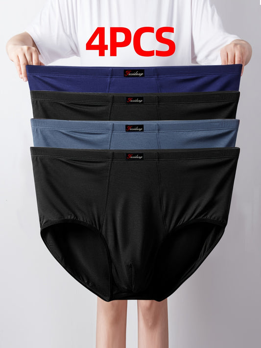 4 fusidang Men's High-Waist Modal Underwear in Navy, Black, Light Blue, and Dark Gray - Plus Size, Stretchy Briefs for Big & Tall, Machine Washable.