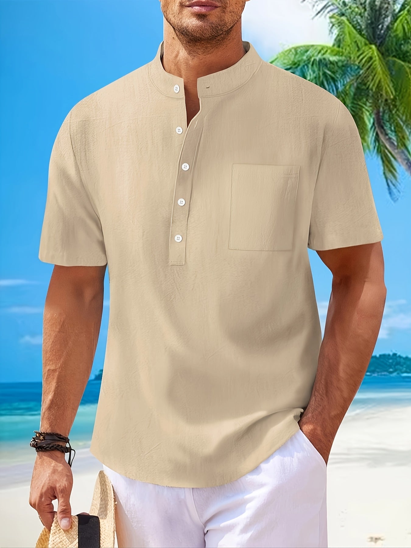 Men's Cotton Linen Henley Shirt with Mandarin Collar, Short Regular Sleeve, and Pocket Detail for Spring Vacation Casual Wear