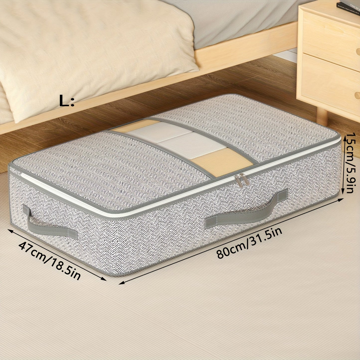 This multifunctional foldable non-woven storage bag in gray arrow design has a large capacity and upgraded large opening visible window. It can be used to store clothes, quilts, and other home supplies. It is suitable for placing in wardrobes, under