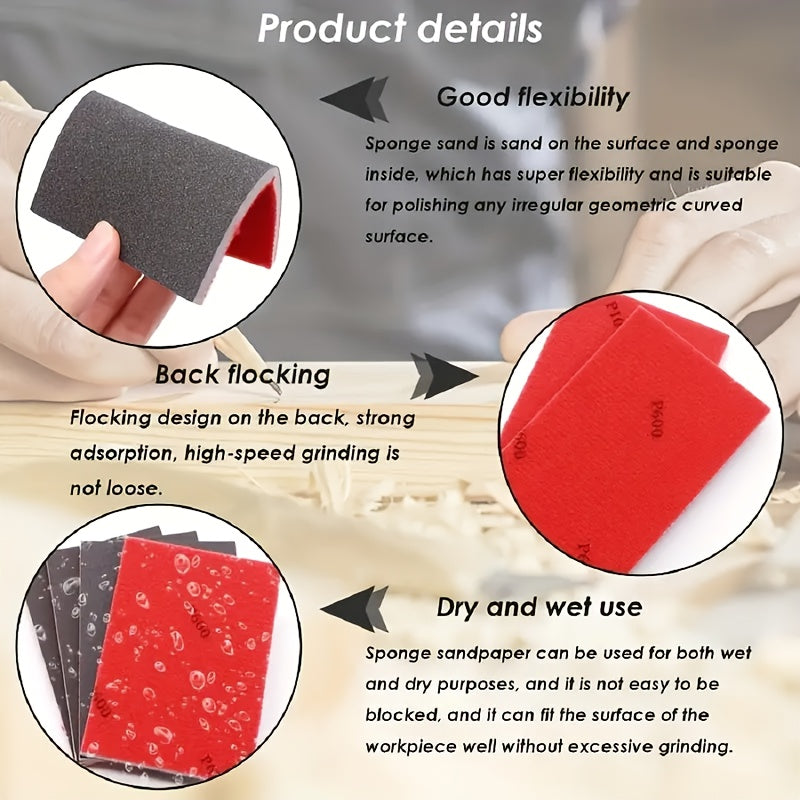 This pack of 8/18 super fine sand sponge pads includes sand grains ranging from 400 to 3000. They are perfect for DIY projects, both wet and dry grinding, and can be used on wood, metal, models, gypsum board furniture, synthetic resin, and zirconium