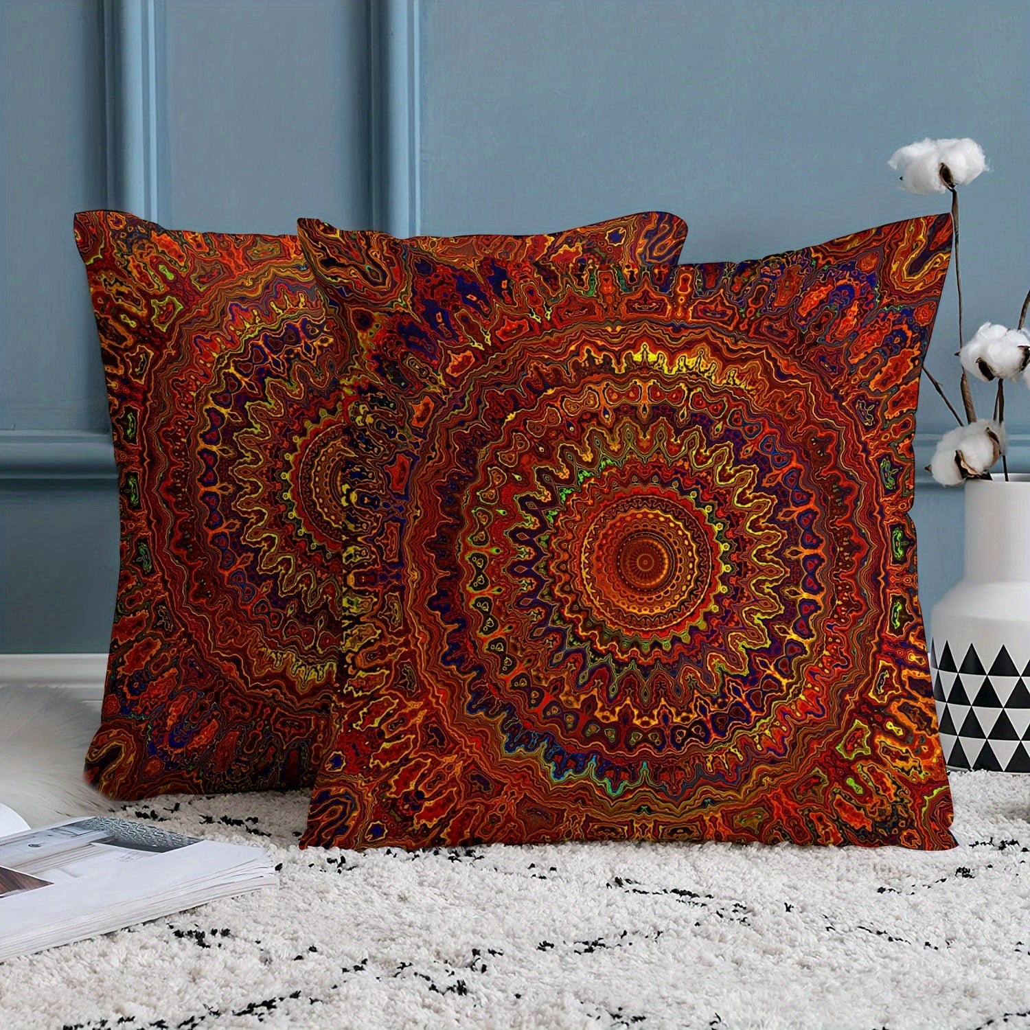 Red Fantasy Golden Mandala Bohemian Style Pillow Cover, 2pcs, Short Plush Fabric, Double-sided Printing, 45.72cm x 18in, Modern Art Style, Home Decoration (Pillow core not included)