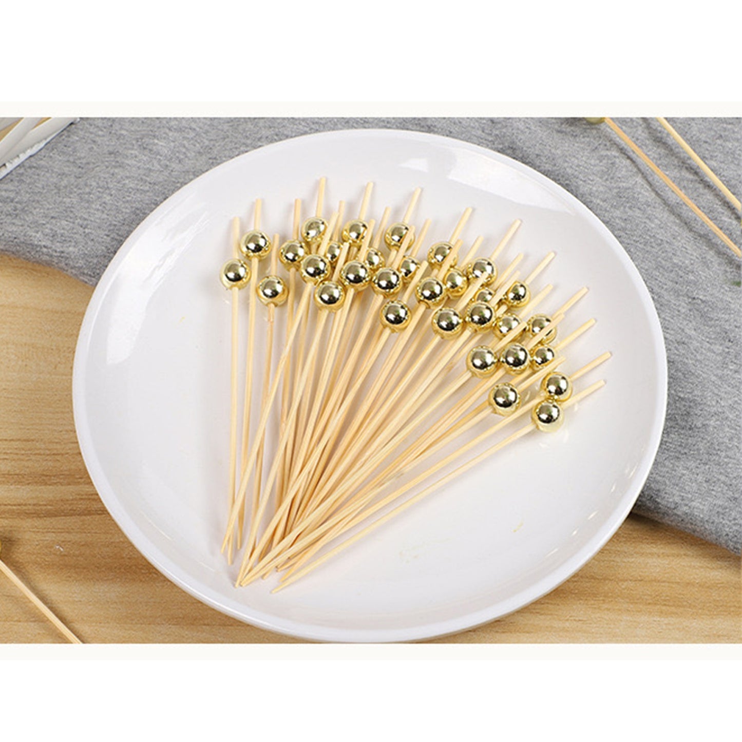 100 Golden Beads Cocktail Picks, Handmade Bamboo Skewers for Appetizers and Fruit Parties.