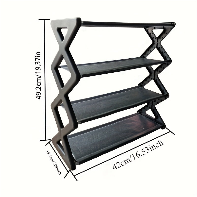 Upgrade your shoe storage with this black plastic 4-tier shoe rack, perfect for your closet, garage, or hallway. This stackable entryway shoe organizer is durable and practical for keeping your shoes organized.