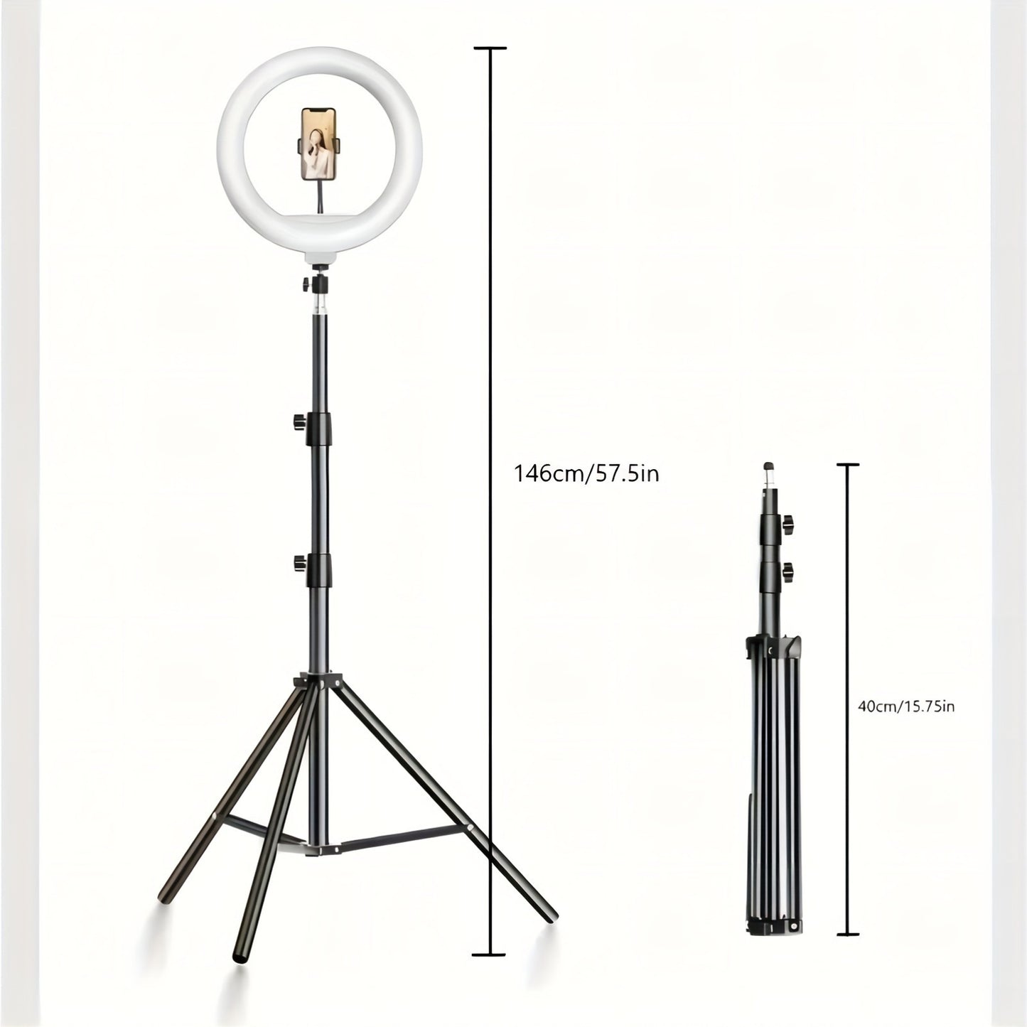 USB-powered selfie ring with adjustable tripod stand, phone holder, and LED circle for photography, video recording, and live streaming.