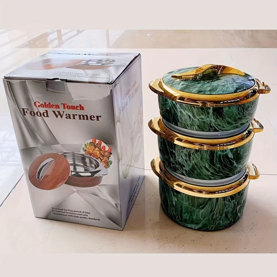 Golden Touch Food Warmer set includes 3 pieces of thermal casserole dishes with lids in sizes 1.5L, 2L, and 2.5L. The insulated stainless steel containers are suitable for hot and cold