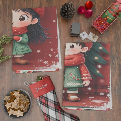 Set of 2 kitchen towels measuring 45.72*66.04 cm each, decorated with a festive Christmas winter theme featuring snowflakes. Ideal for kitchen decor and great as holiday gifts.