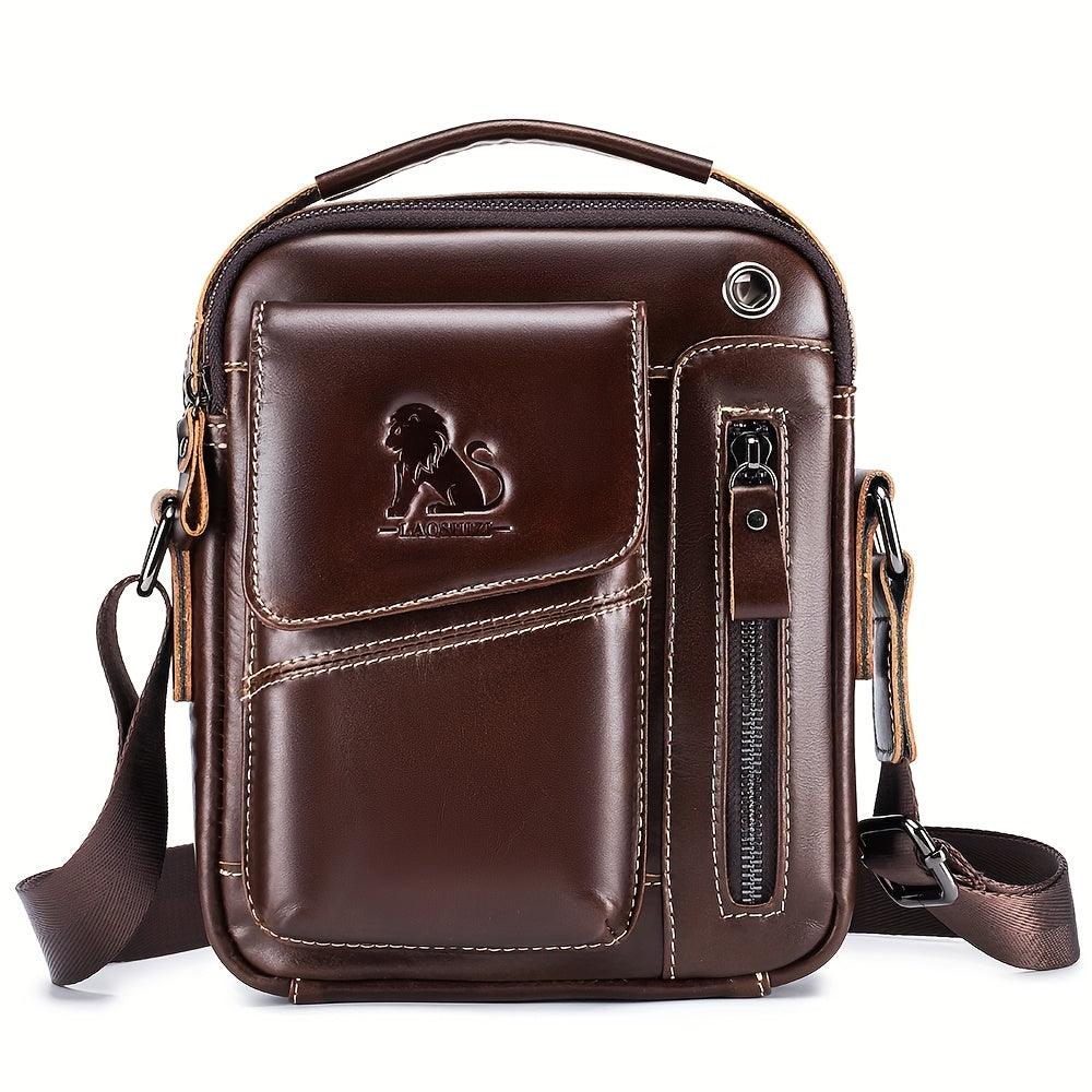 Fashion Genuine Leather Men's Crossbody Bag with Adjustable Shoulder Strap, Multi-Compartment Design, Zipper Closure - Dark Brown, Non-Washable for Outings.