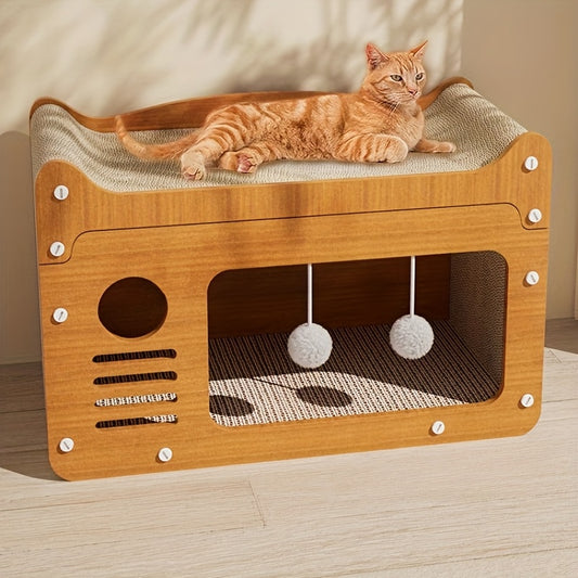 TV-shaped cat scratcher and resting mat made of durable cardboard with built-in ball toy, serves as multifunctional cat furniture for claw care and relaxation.