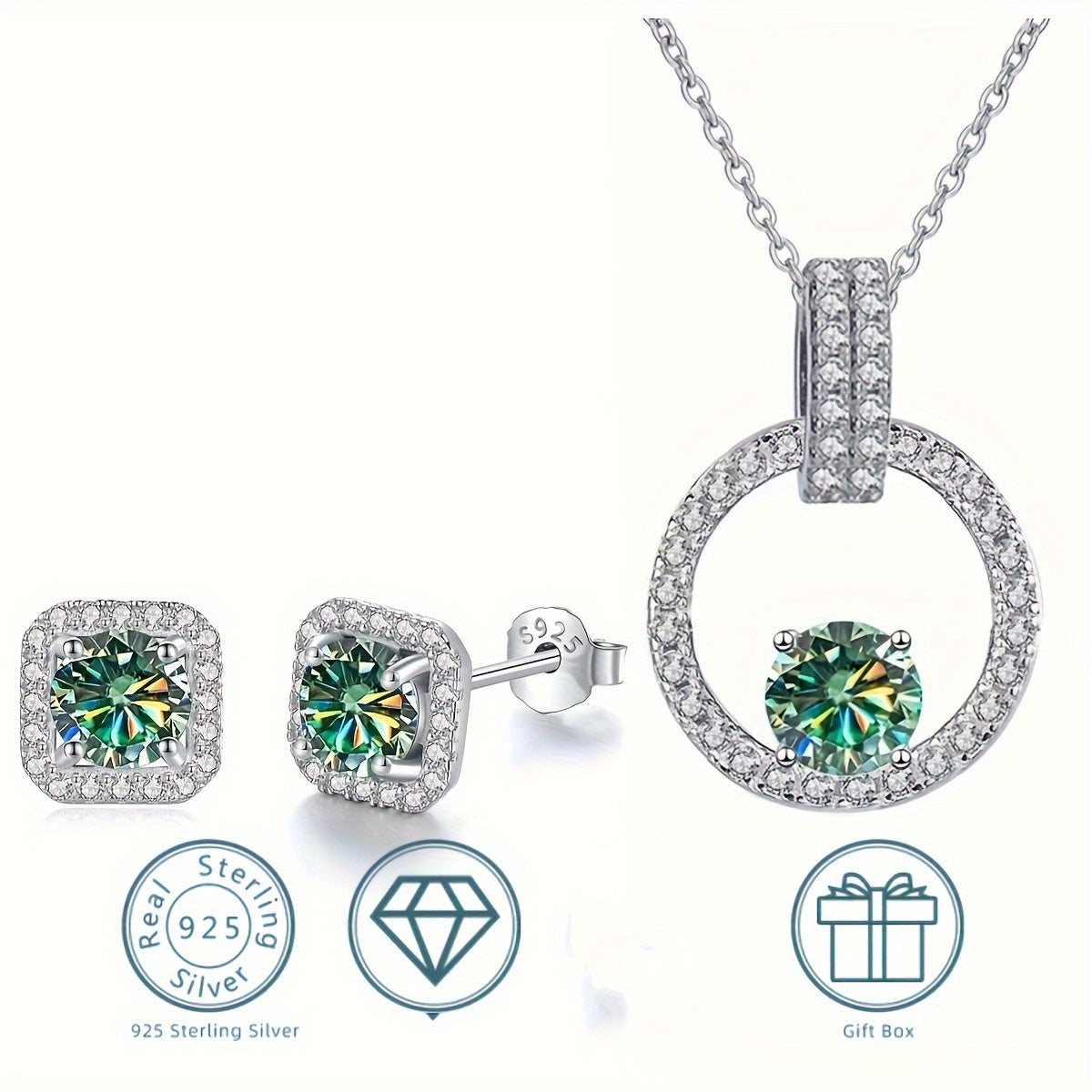 1 set of Moissanite jewelry including a necklace with a 1 carat stone and 2 earrings with 0.5 carat stones. Made of 925 sterling silver and available in multiple colors. Perfect for weddings, comes with a certificate and gift box.