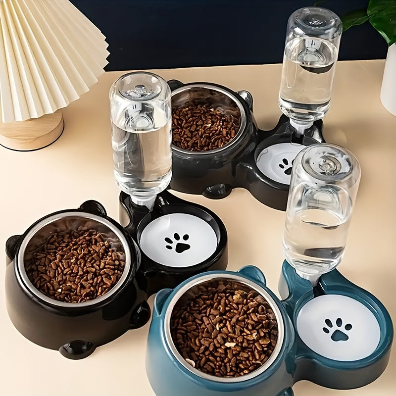 Automatic pet feeder with water dispenser, stainless steel bowls, neck protection, no charging or batteries needed.