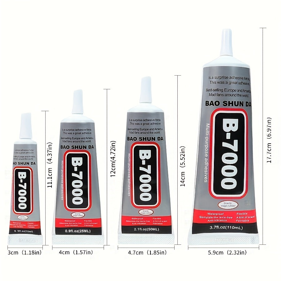 B-7000 is a versatile semi-fluid adhesive with strong bonding properties, suitable for jewelry making, gemstone setting, DIY repairs, and works well on materials like plastic, metal, glass