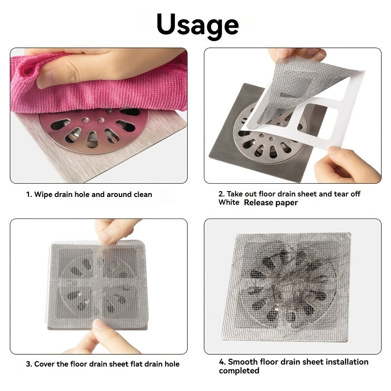 10 self-adhesive hair catcher stickers for shower, kitchen sink, and bathroom drains to prevent clogs and keep insects out.