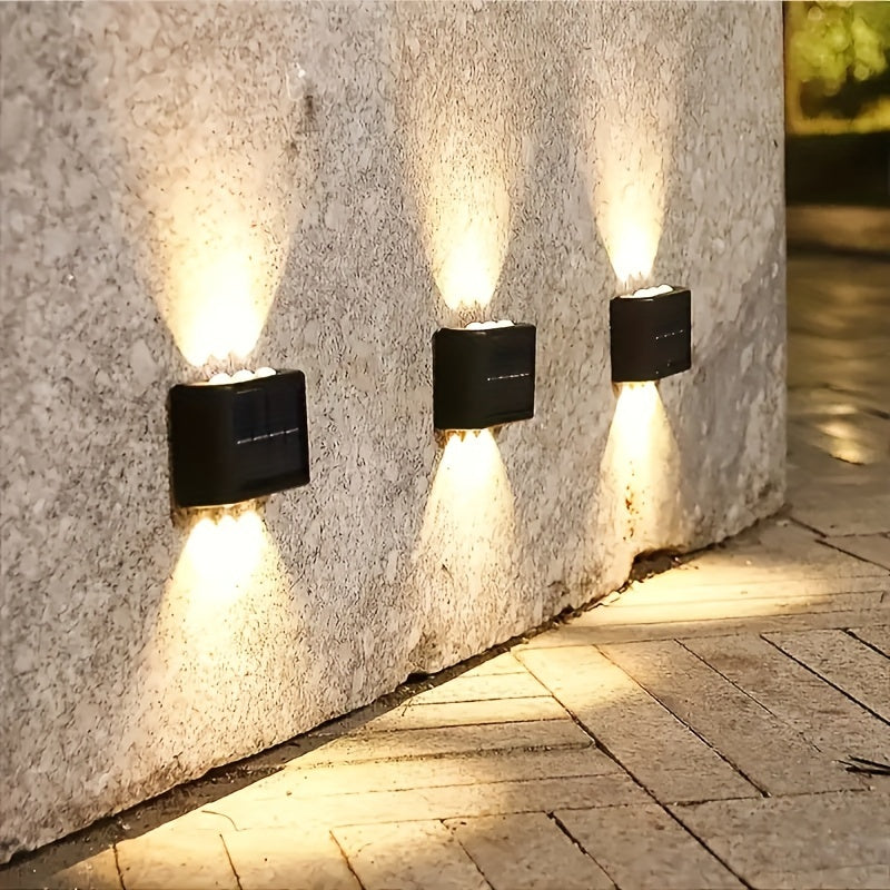 6 LED warm light Solar Wall Sconce for outdoor decorative lighting with energy-saving solar power, light sensor control, acrylic shade, and metal-like plastic housing.