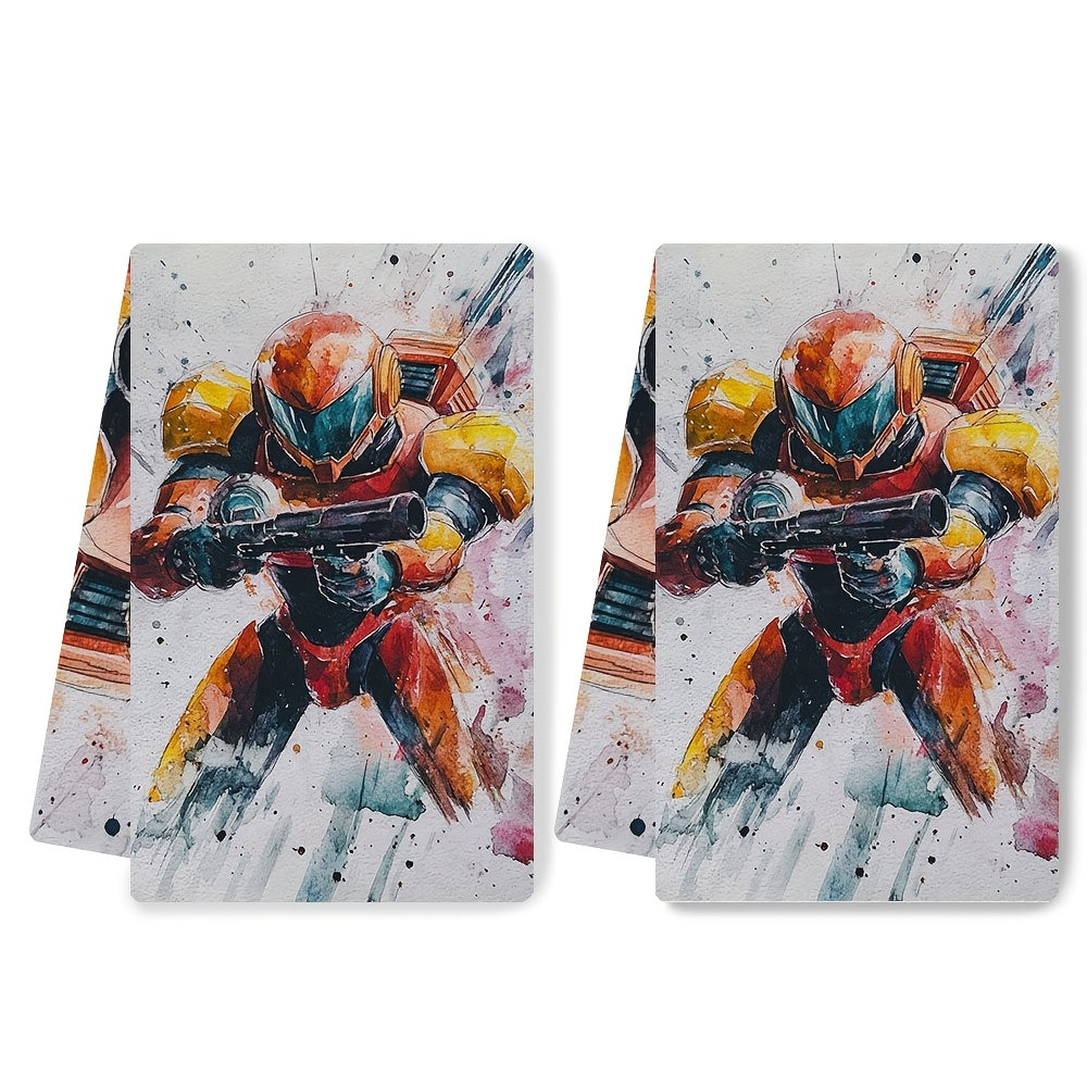 This set includes two ultra-soft kitchen towels featuring Samus Aran from Metroid. They are highly absorbent and ideal for holiday decoration. The towels are machine washable and measure 40.64X60.96 cm.