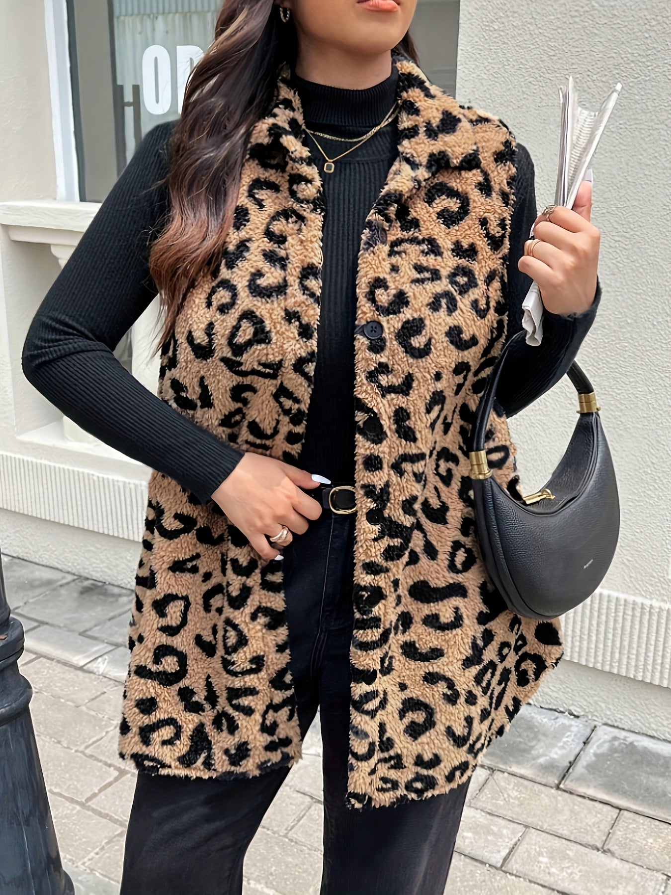 Leopard print button front teddy vest for plus size women, perfect for fall & winter