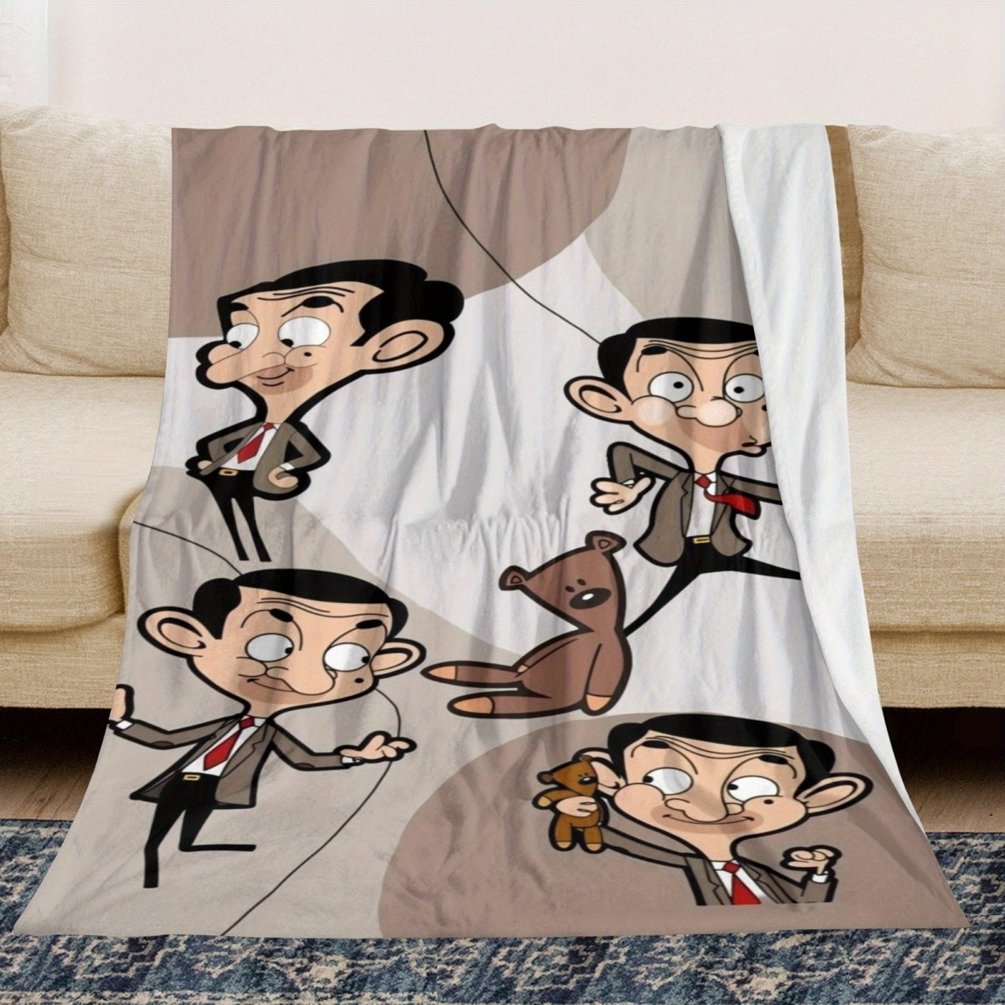 Soft Flannel Throw Blanket featuring Mr. Bean & Friends - Perfect for All Seasons, Durable and Reversible - Great for Sofa, Office, Bed, Camping, and Travel - Adorable Cartoon Design in Various Colors, Easy to Clean in the Washing Machine