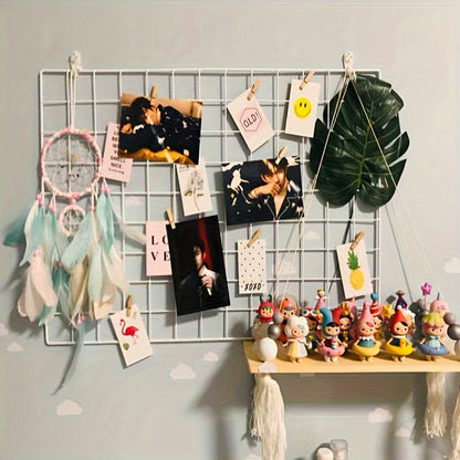 Thick iron mesh photo wall for DIY bedroom art with spare tools.