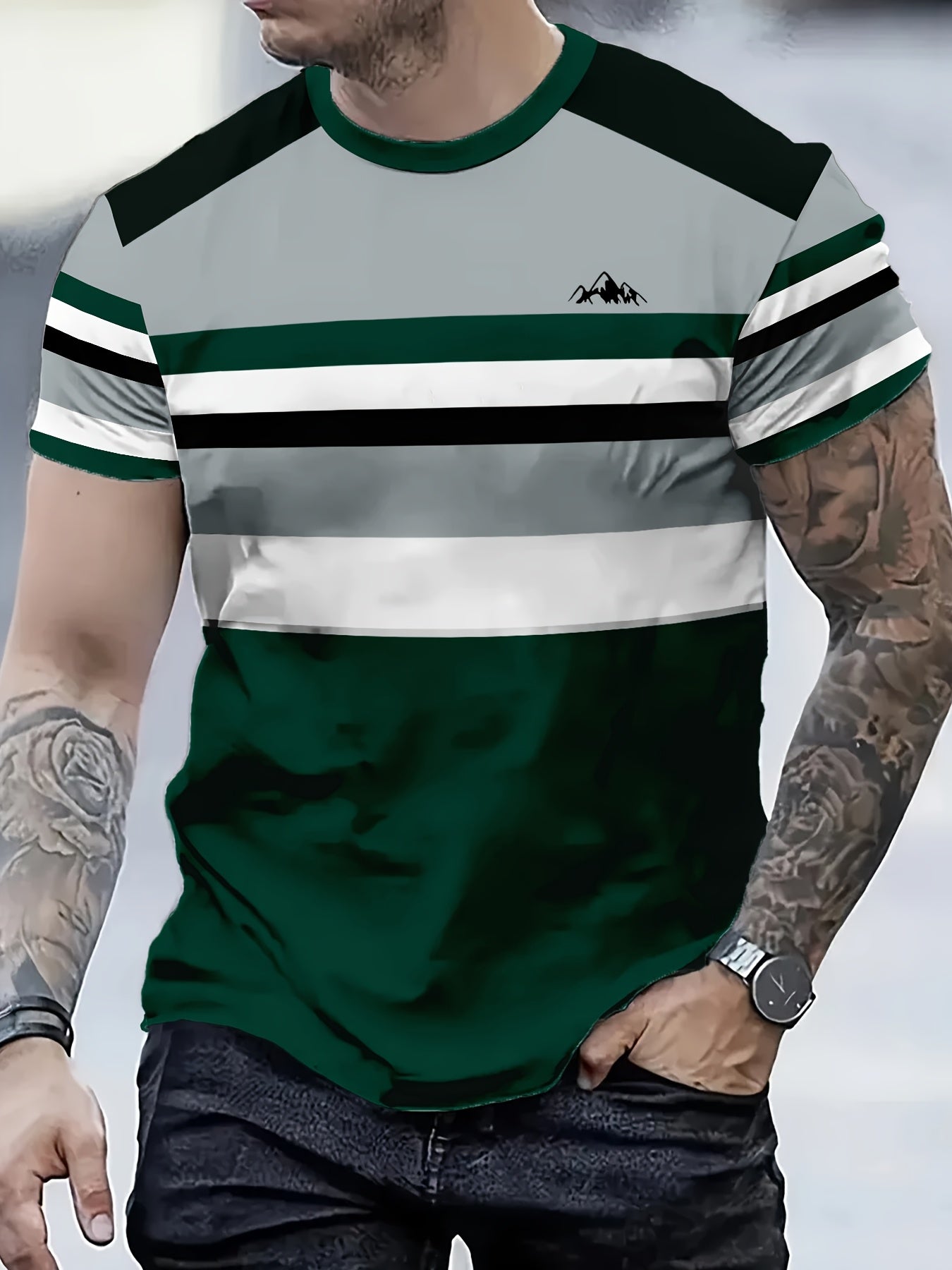 Men's Fashion Striped T-Shirt, Polyester Crew Neck, Regular Fit - Deep Green and White