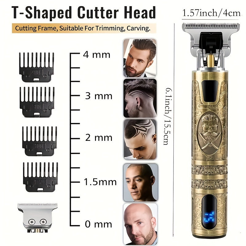 ZQIN Deluxe Men's Grooming Kit: USB Rechargeable Hair & Beard Trimmer with T-Blade, LCD Display, Clips & Accessories - Golden & Black, Personal Care Kit.