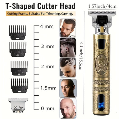 ZQIN Deluxe Men's Grooming Kit: USB Rechargeable Hair & Beard Trimmer with T-Blade, LCD Display, Clips & Accessories - Golden & Black, Personal Care Kit.