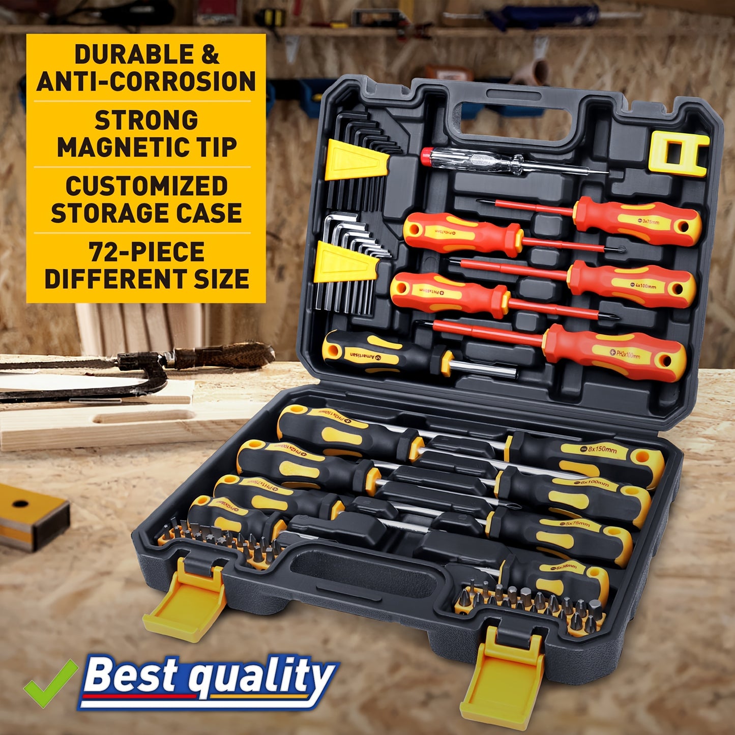 72-piece magnetic screwdriver set with case, includes various bits (Phillips, Flathead, Torx, Star, Hex) made of chrome vanadium steel. No battery required. Suitable for 110V/220V and up to