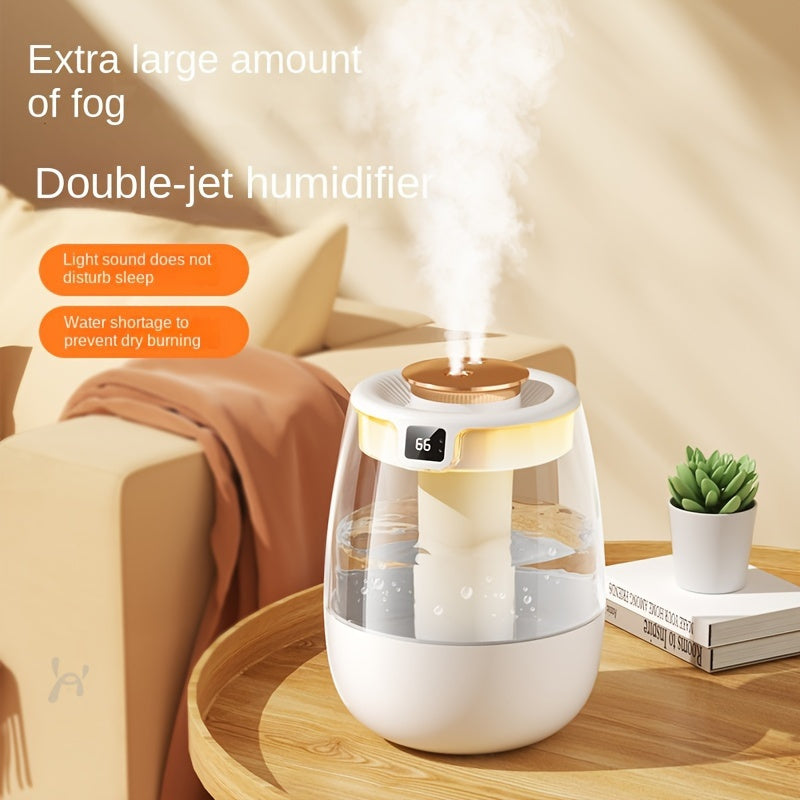 Quiet USB humidifier with large capacity, perfect for bedroom or desk, with dual mist settings, night light, and digital display.