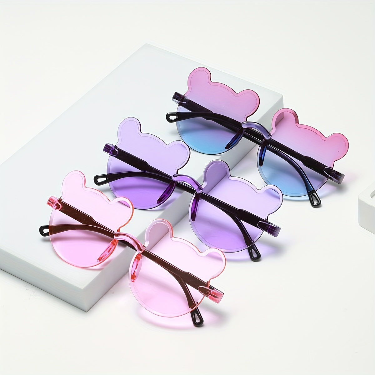 3pcs Cute Bear Cartoon Rimless Fashion Glasses Set - Gradient Lens, Ideal for Hiking & Outdoor Adventures