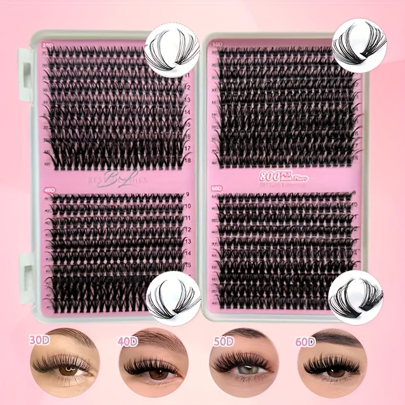 DIY eyelash cluster set with 800/200pcs of 30D-60D single eyelashes in mixed 9-16mm lengths for a super thick, D curl effect at home, creating a light cartoon eyelash look.